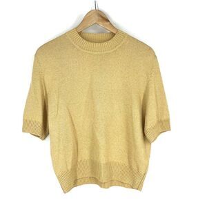 St John Sweater Size Medium Womens Gold Short Sleeve Metallic Santana Knit Crew